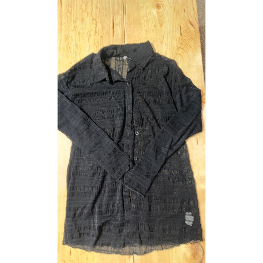 Womens XS Black Sheer Textured Button Up Long Sleeve Mesh Shirt Blouse